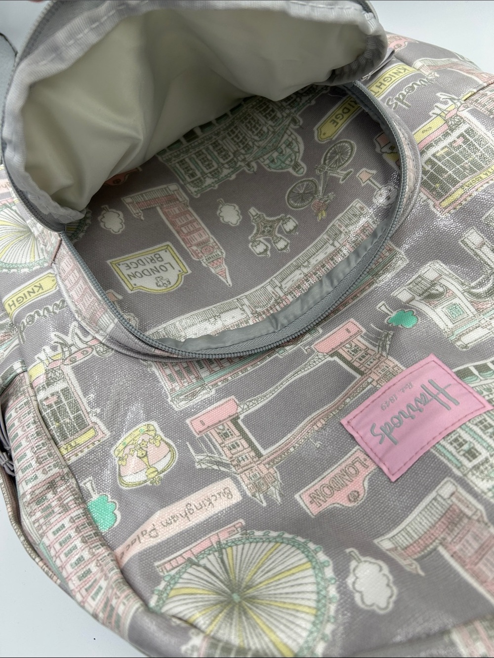 Harrods London Landmarks Backpack in Grey & Pastel Pink - Picture 6 of 8
